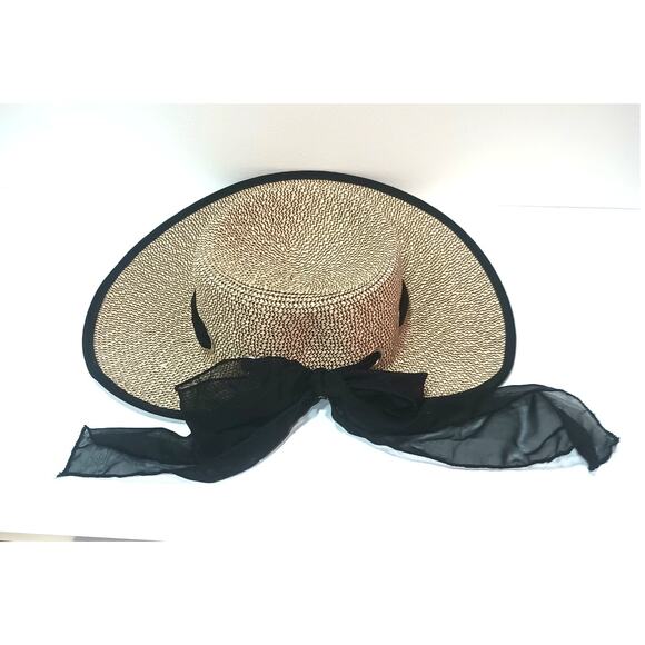 RIMA SMX BEACH WORLD 100% STRAW HAT FLOPPY WIDE BRIM TAN & BLACK - Picture 2 of 5